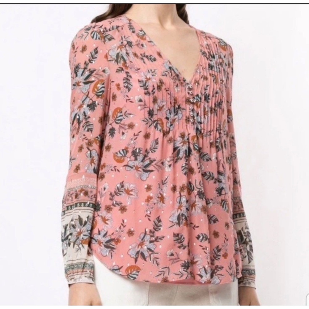 Veronica Beard Lowell Blouse Womens 8 Pink Silk Metallic Floral Pintuck Boho
EUC